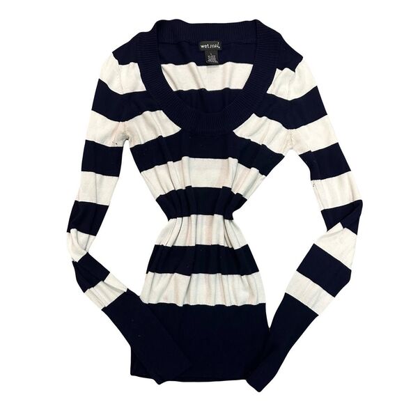 Y2K Wet Seal Navy & White Striped Sweater Tumblr Girl Prep Balletcore Indie fall - Picture 1 of 4